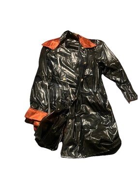 ShedRain Jacket Womens M/L Black Orange Print Snap Button Rain Coat